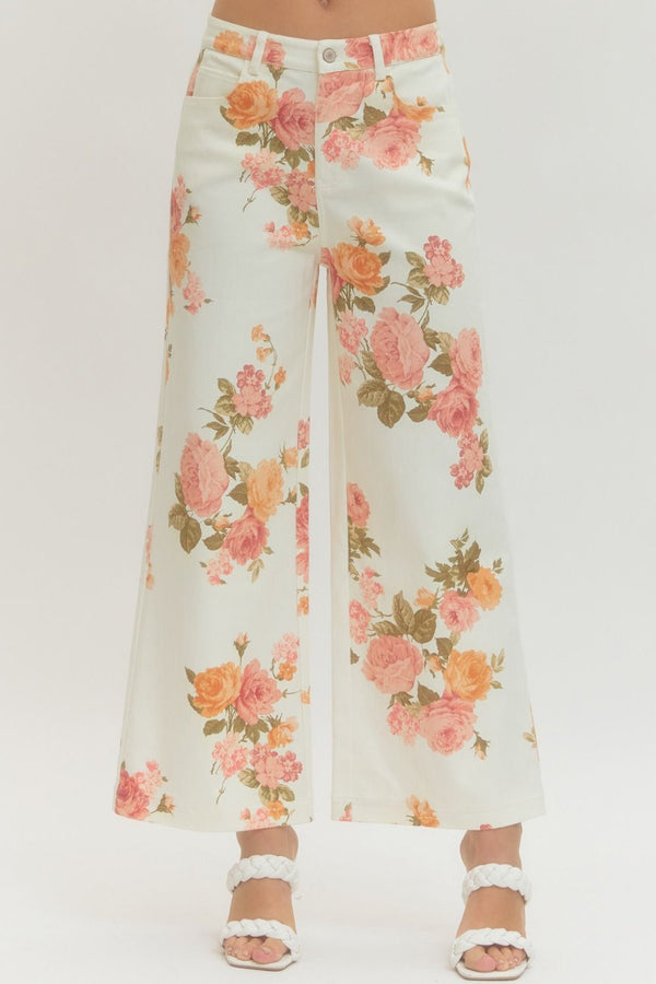 Floral Print Wide-Leg Pant  - Ecru