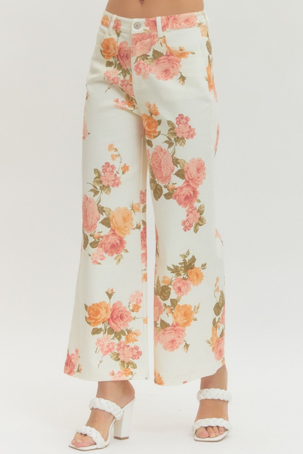 Floral Print Wide-Leg Pant  - Ecru
