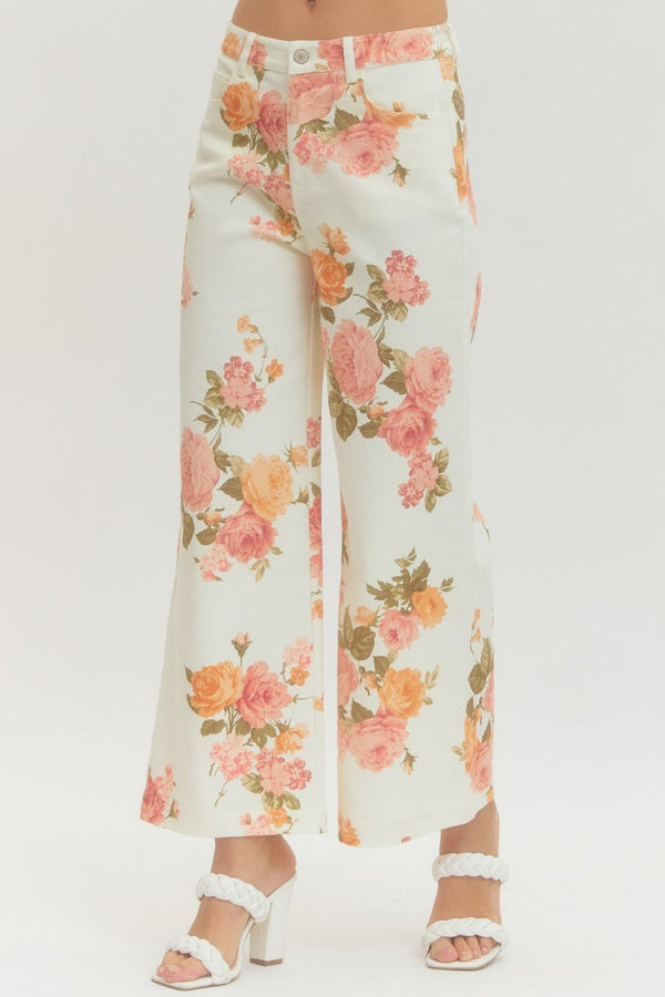 Floral Print Wide-Leg Pant  - Ecru