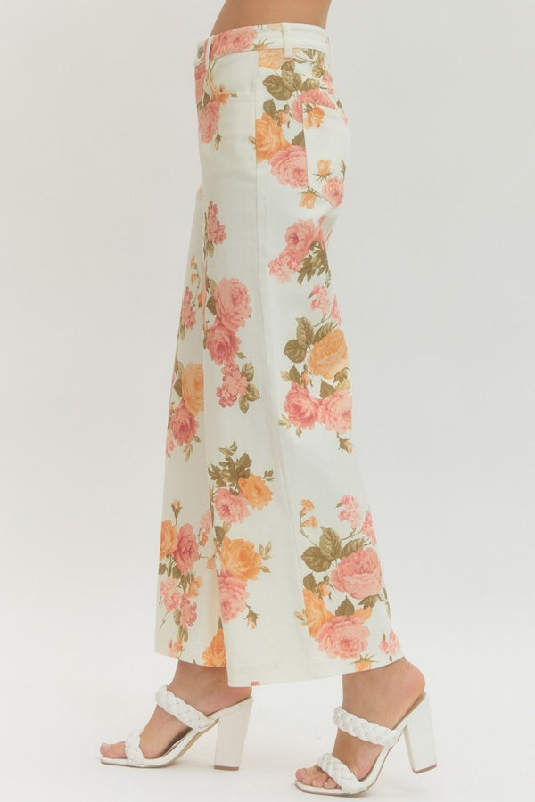 Floral Print Wide-Leg Pant  - Ecru