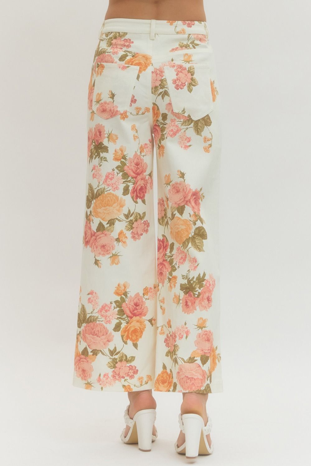Floral Print Wide-Leg Pant  - Ecru