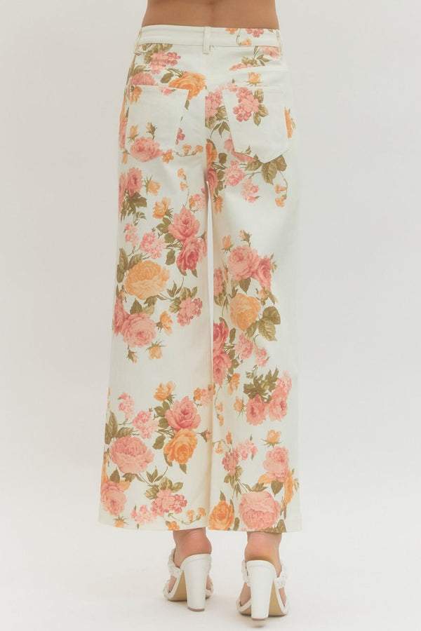 Floral Print Wide-Leg Pant  - Ecru