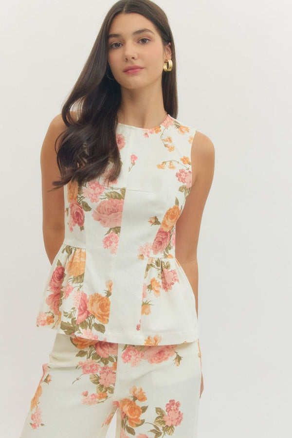 Floral Print Sleeveless Peplum Top - Ecru