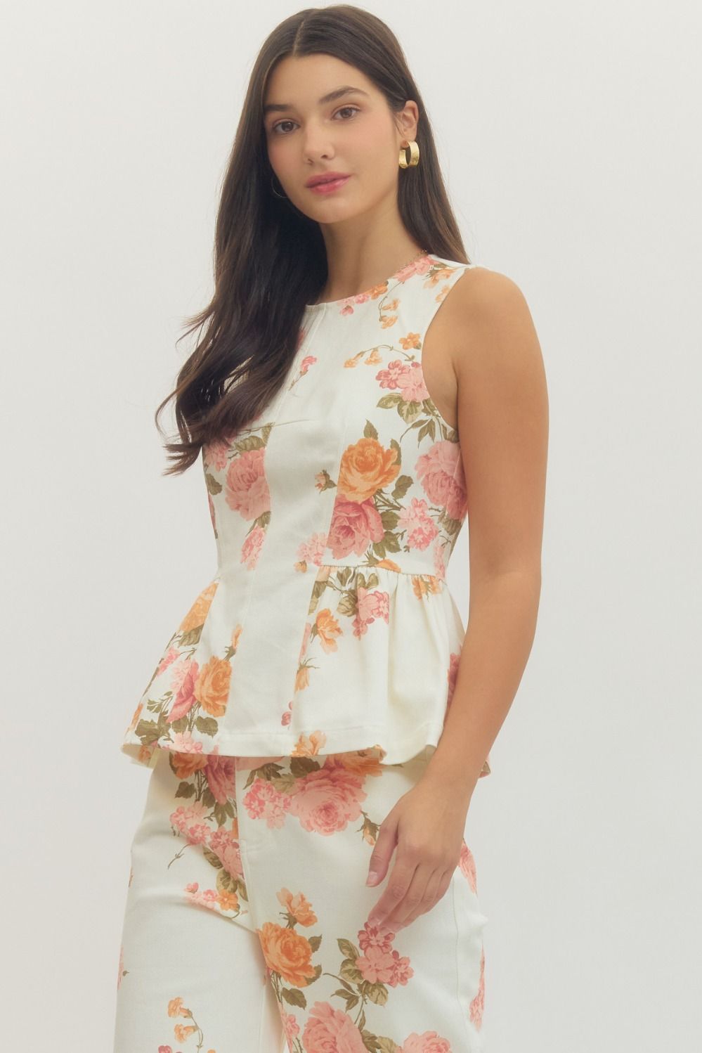 Floral Print Sleeveless Peplum Top - Ecru