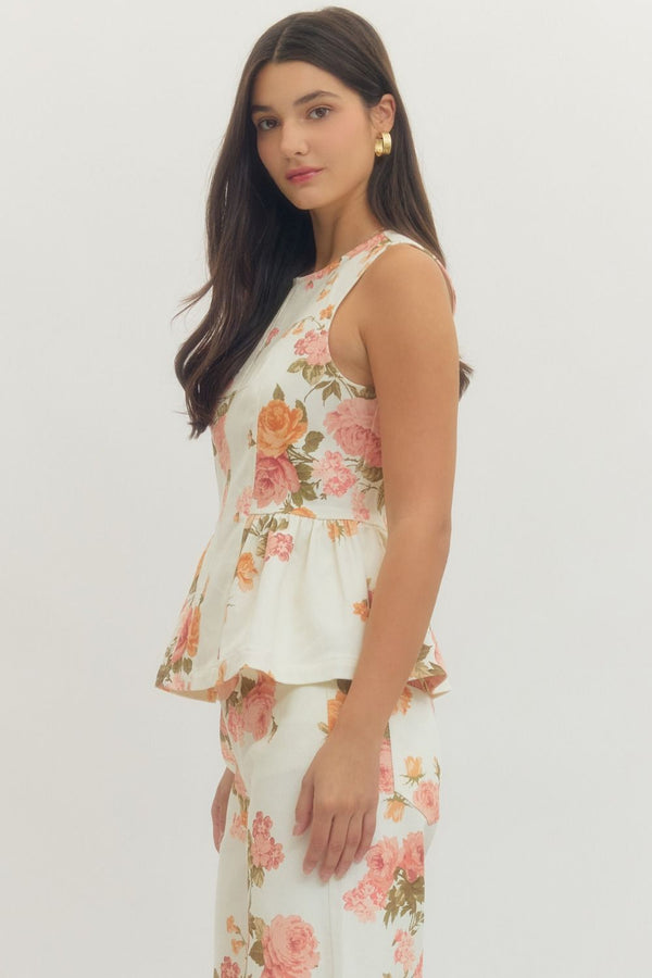 Floral Print Sleeveless Peplum Top - Ecru