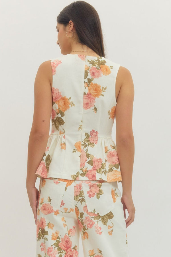 Floral Print Sleeveless Peplum Top - Ecru