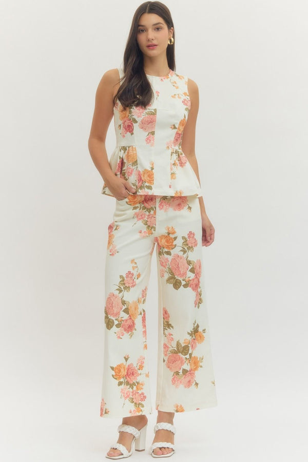 Floral Print Sleeveless Peplum Top - Ecru