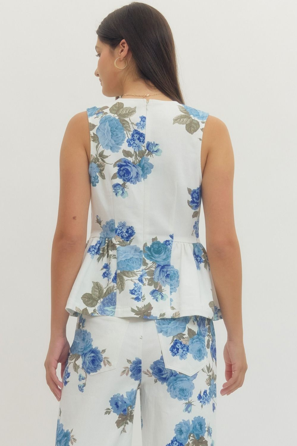 Floral Print Sleeveless Peplum Top - Blue