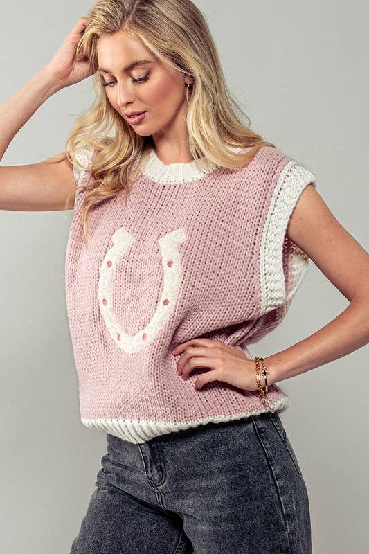 Wild Woven Horseshoe Sweater Vest Pink