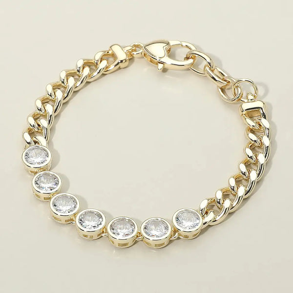 14K Gold Plated Round Cz Bezel Link Curb Necklace