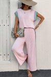 Colorblock Patchwork Short Sleeve Top and Wide Leg Pants