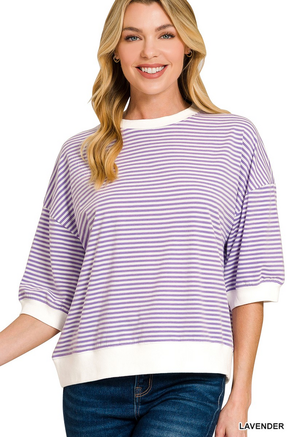 Striped Contrast Trim Banded Bottom Top - Lavender
