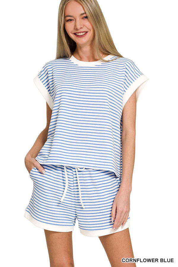 Stripe Contrast Trim Top & Shorts Set - Cornflower Blue