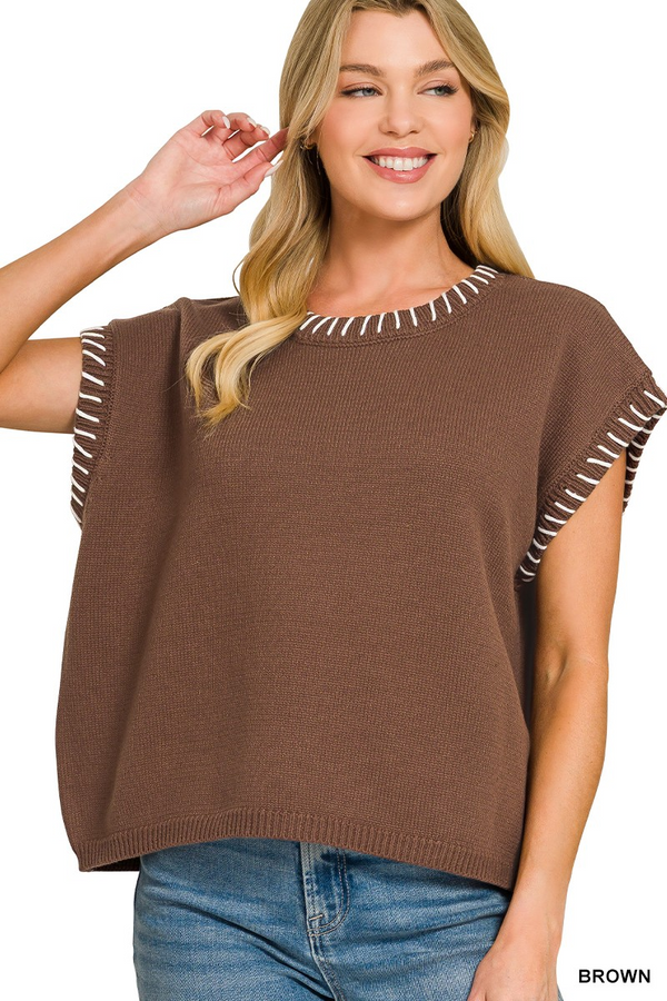 Stitch Detailed Oversize Sweater Vest, Brown