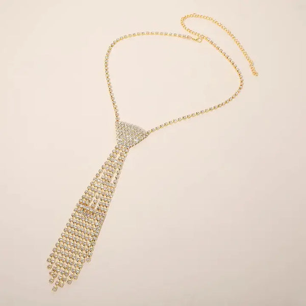 Rhinestone Fringe Necktie Necklace, Gold