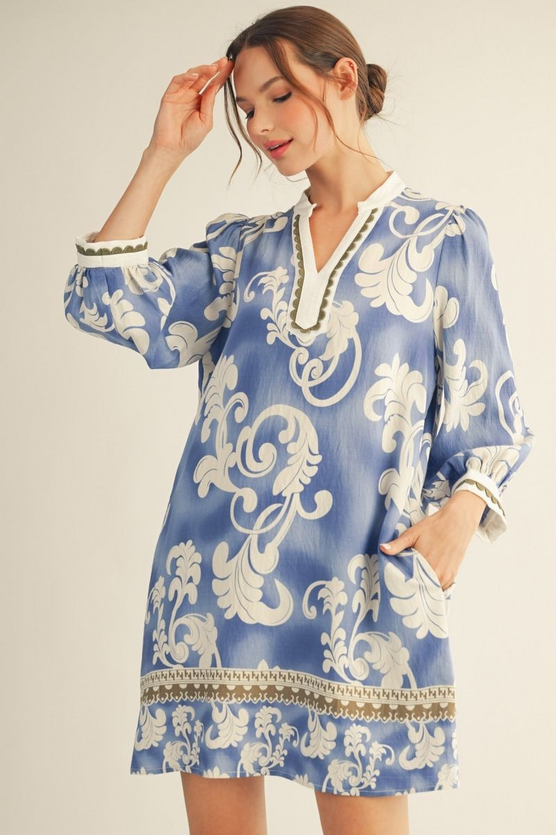 3/4 Sleeve Boho Print Shift Dress