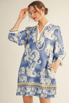 3/4 Sleeve Boho Print Shift Dress
