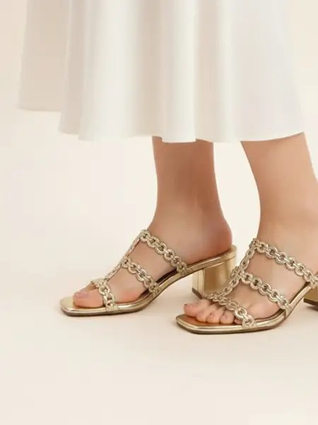 Gold T-Strap Block Heel