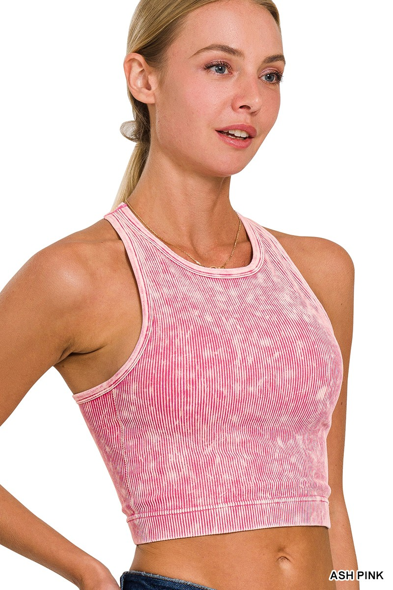 Washed Ribbed Racerback Cropped Tank Top With Bra Pads