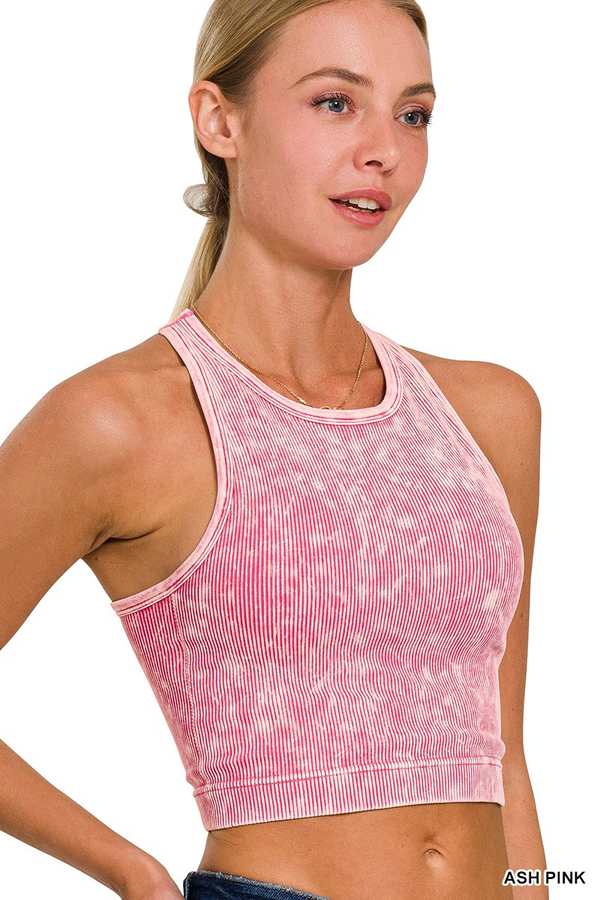 Washed Ribbed Racerback Cropped Tank Top With Bra Pads