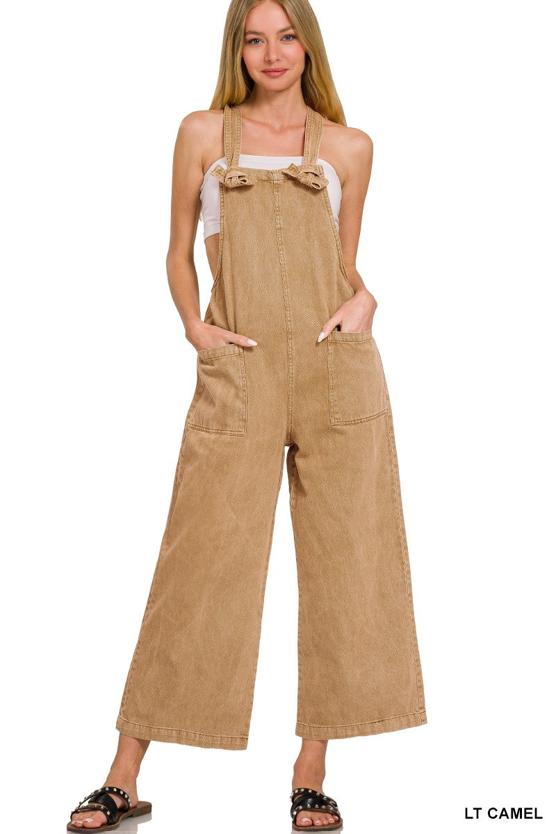Washed Knot Strap Pockets Jumpsuit - Light Camel