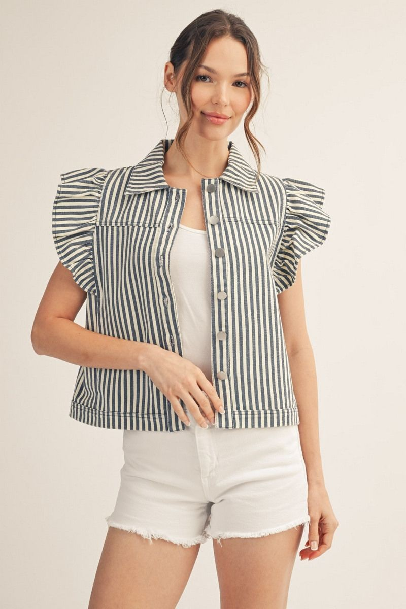 Ruffled Cap Sleeves Button Down Stripe Casual Vest