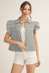 Ruffled Cap Sleeves Button Down Stripe Casual Vest
