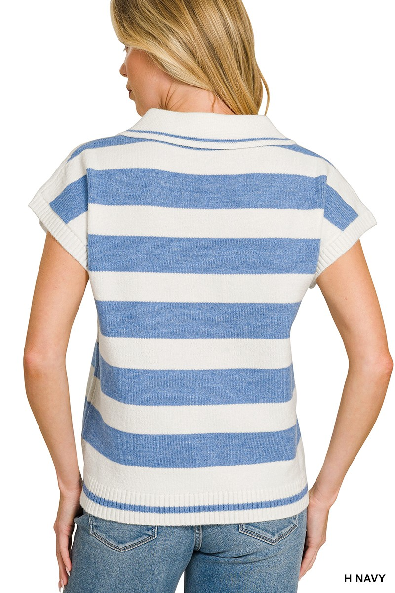 Striped Collared Short-Sleeve Sweater Light Navy