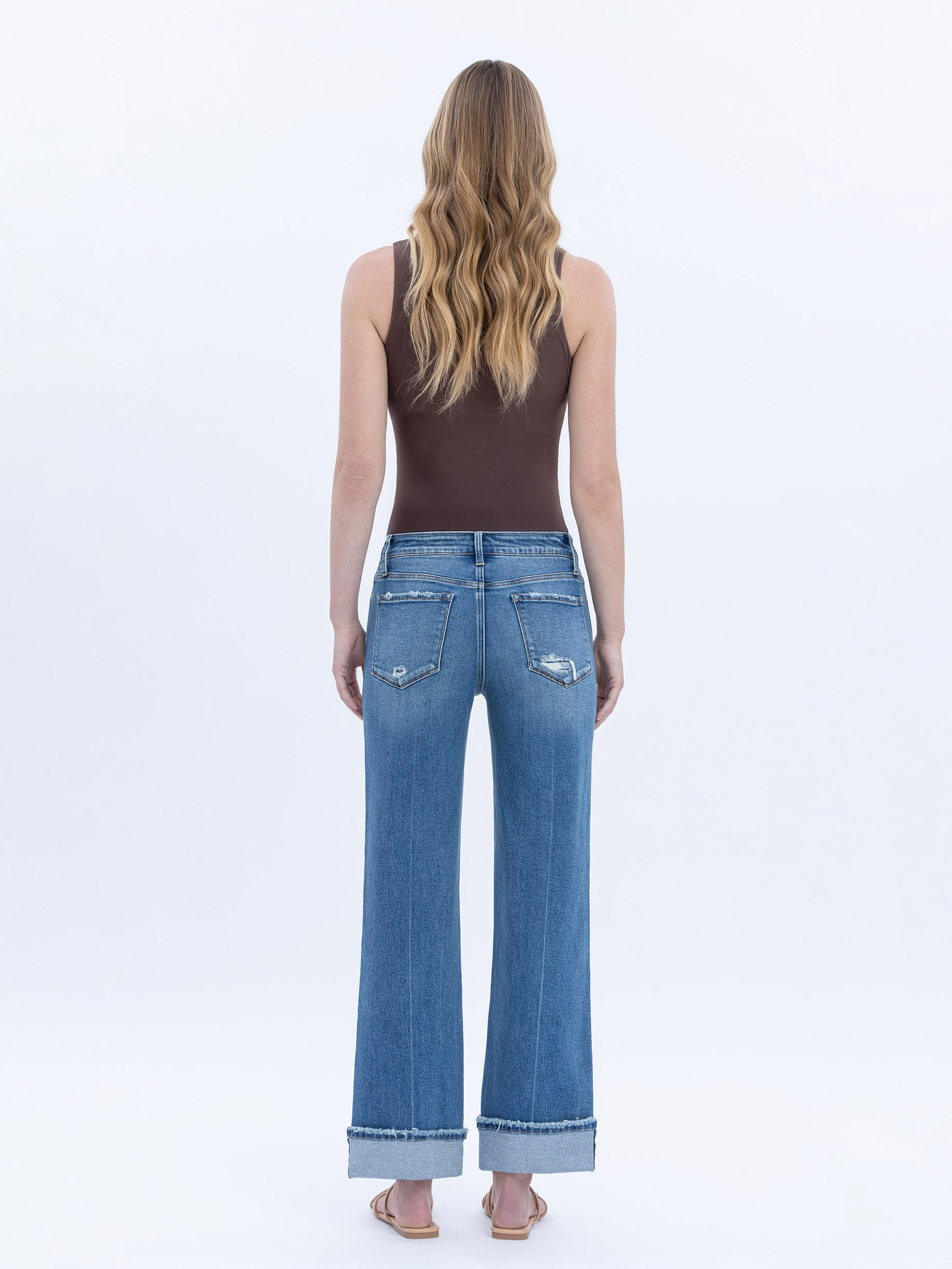 Mid Rise Cuffed Ankle Slim Wide Jeans Vervet