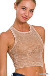 Washed Ribbed Racerback Cropped Tank Top With Bra Pads