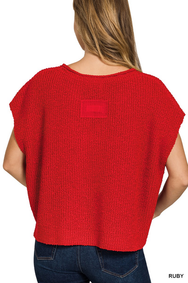 Back Patch Rolled Split-Neck Side Slit Pullover