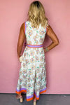 Floral Print Color Block Trim Belted Maxi Dress