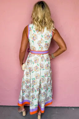 Floral Print Color Block Trim Belted Maxi Dress