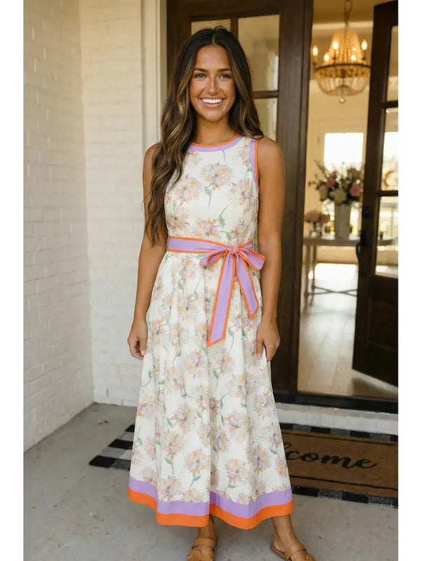 Floral Print Color Block Trim Belted Maxi Dress