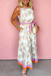 Floral Print Color Block Trim Belted Maxi Dress
