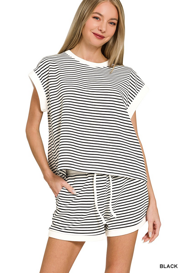 Stripe Contrast Trim Top & Shorts Set - Black