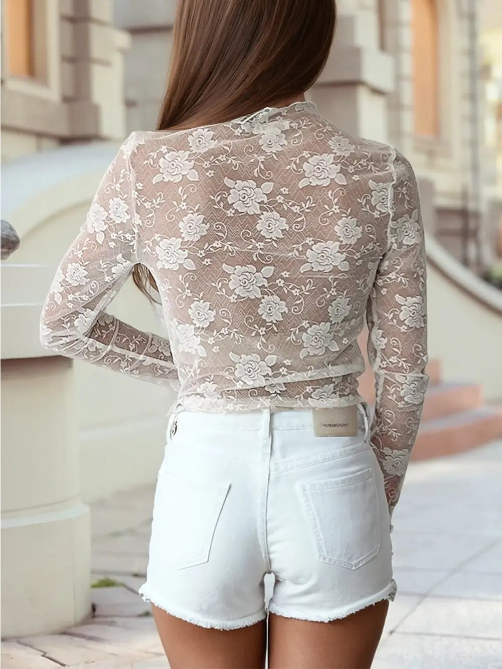 Valentine's Day Mock Neck Floral Lace Mesh Long Sleeve Top