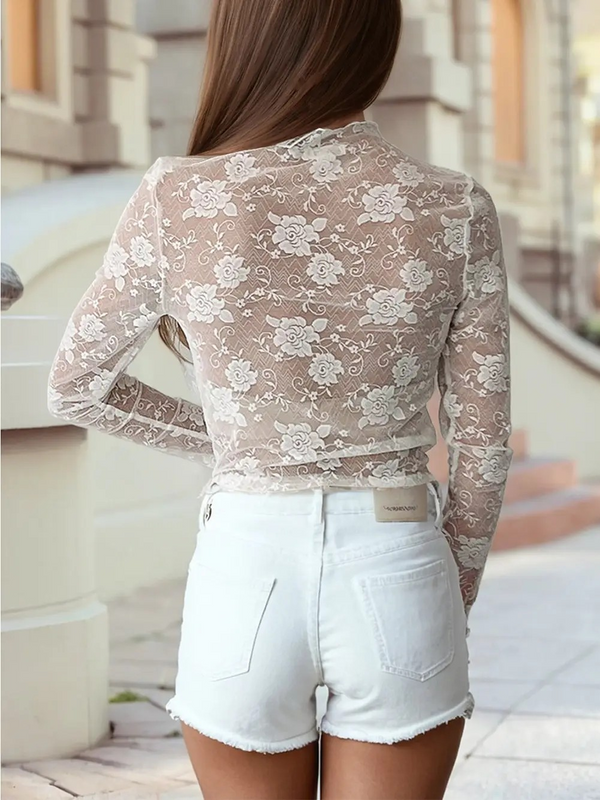Valentine's Day Mock Neck Floral Lace Mesh Long Sleeve Top