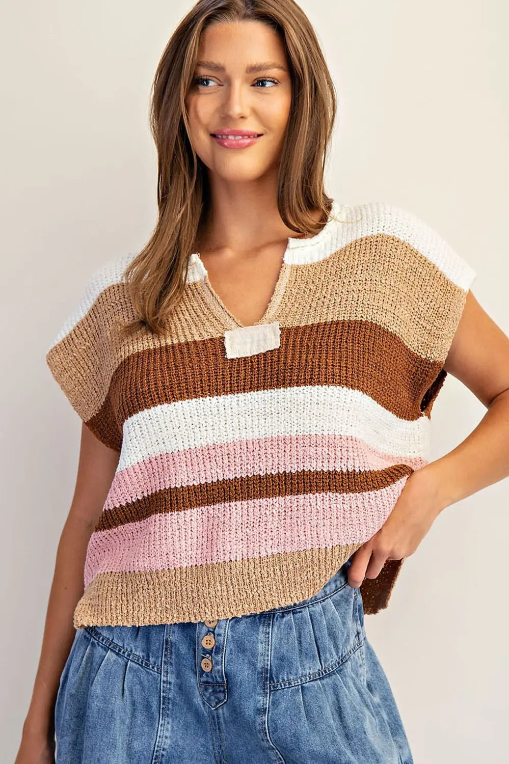 Multicolor Striped Cap Sleeve Sweater - Rosy Hazelnut