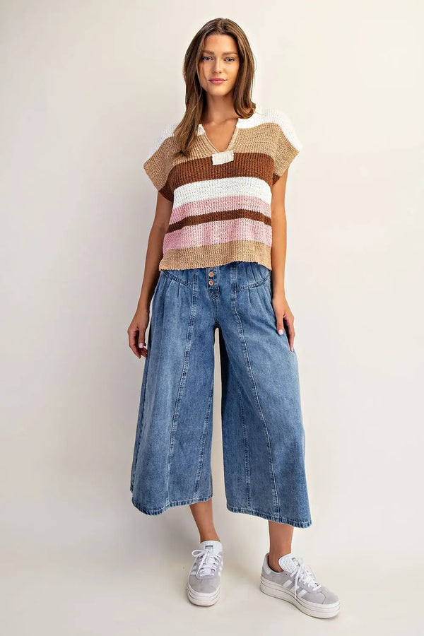 Multicolor Striped Cap Sleeve Sweater - Rosy Hazelnut