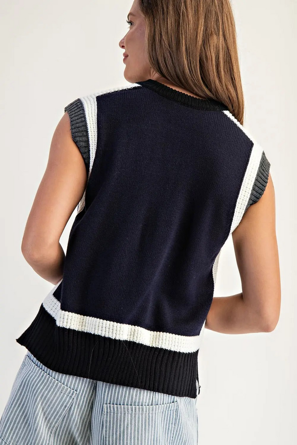 Color Block Cap Sleeve Knit Top - Black