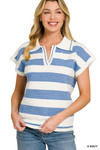Striped Collared Short-Sleeve Sweater Light Navy