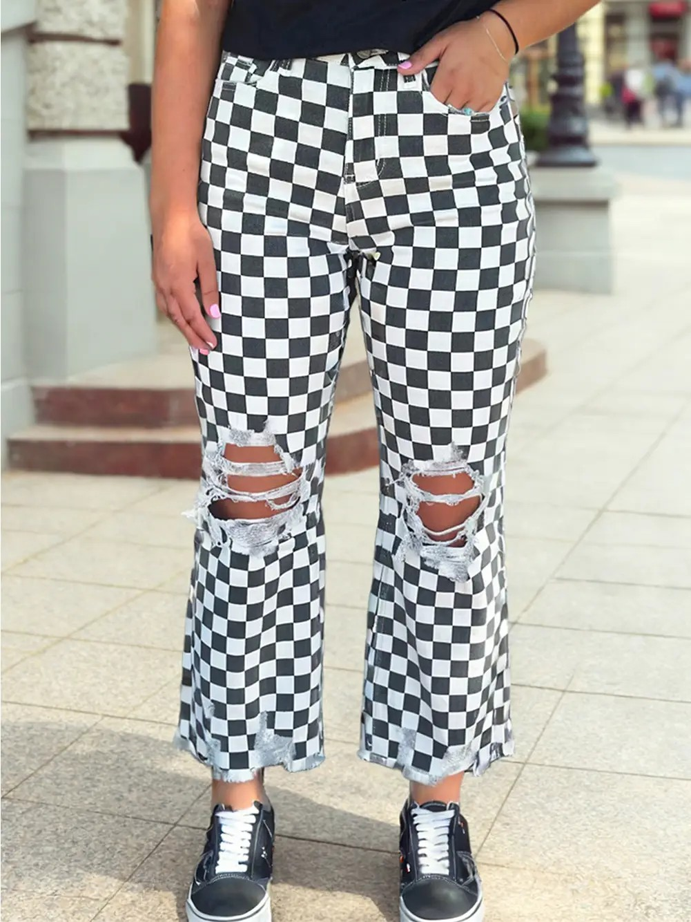 Checkerboard Racetrack Distressed Raw Edge Cropped Jeans