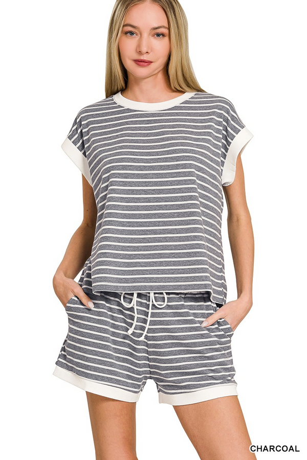 Stripe Contrast Trim Top & Shorts Set - Gray