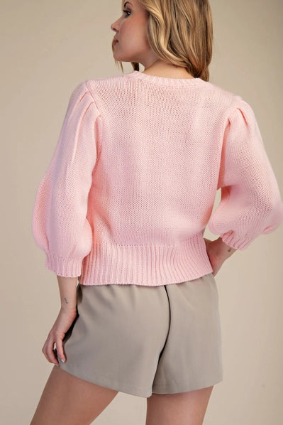 Puff Button Babe Sweater, Pink