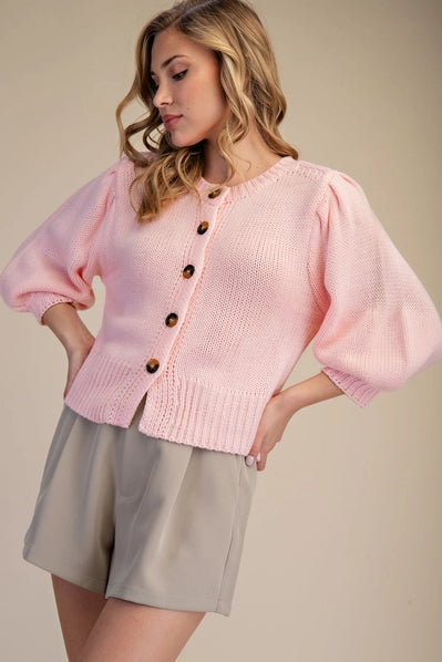 Puff Button Babe Sweater, Pink