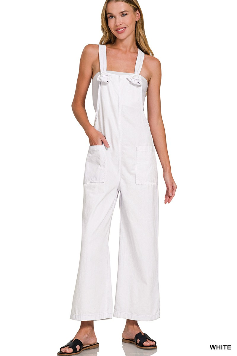 Washed Knot Strap Pockets Jumpsuit - White