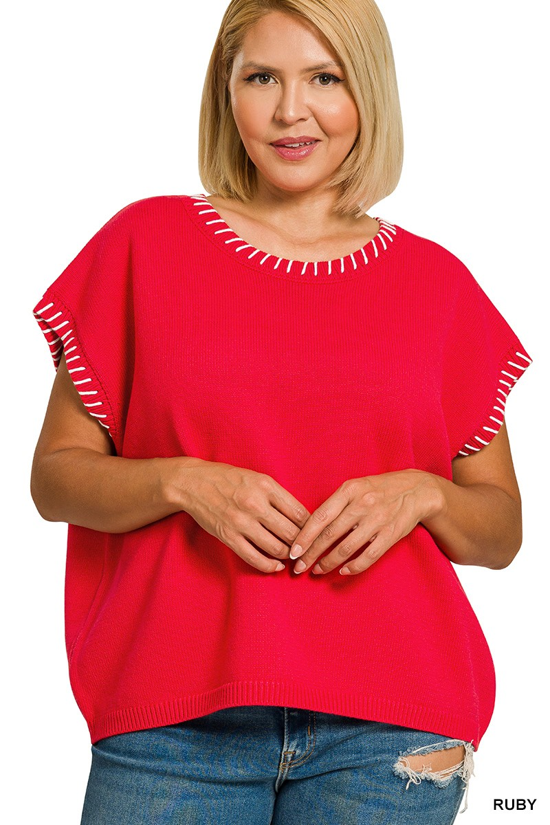 Curvy Stitch Detailed Oversize Sweater Vest, Ruby