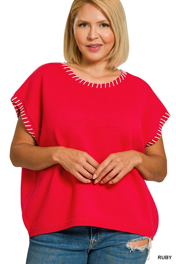 Curvy Stitch Detailed Oversize Sweater Vest, Ruby