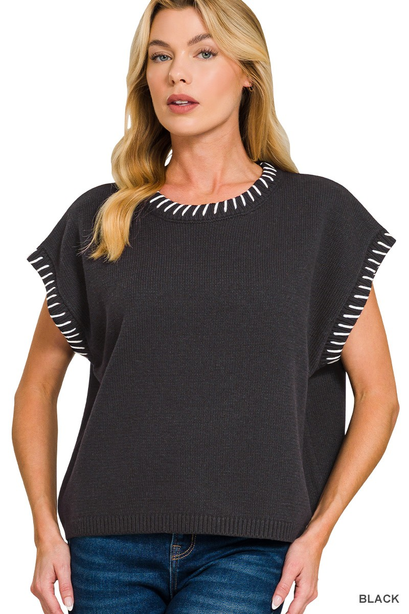 Stitch Detailed Oversize Sweater Vest, Black